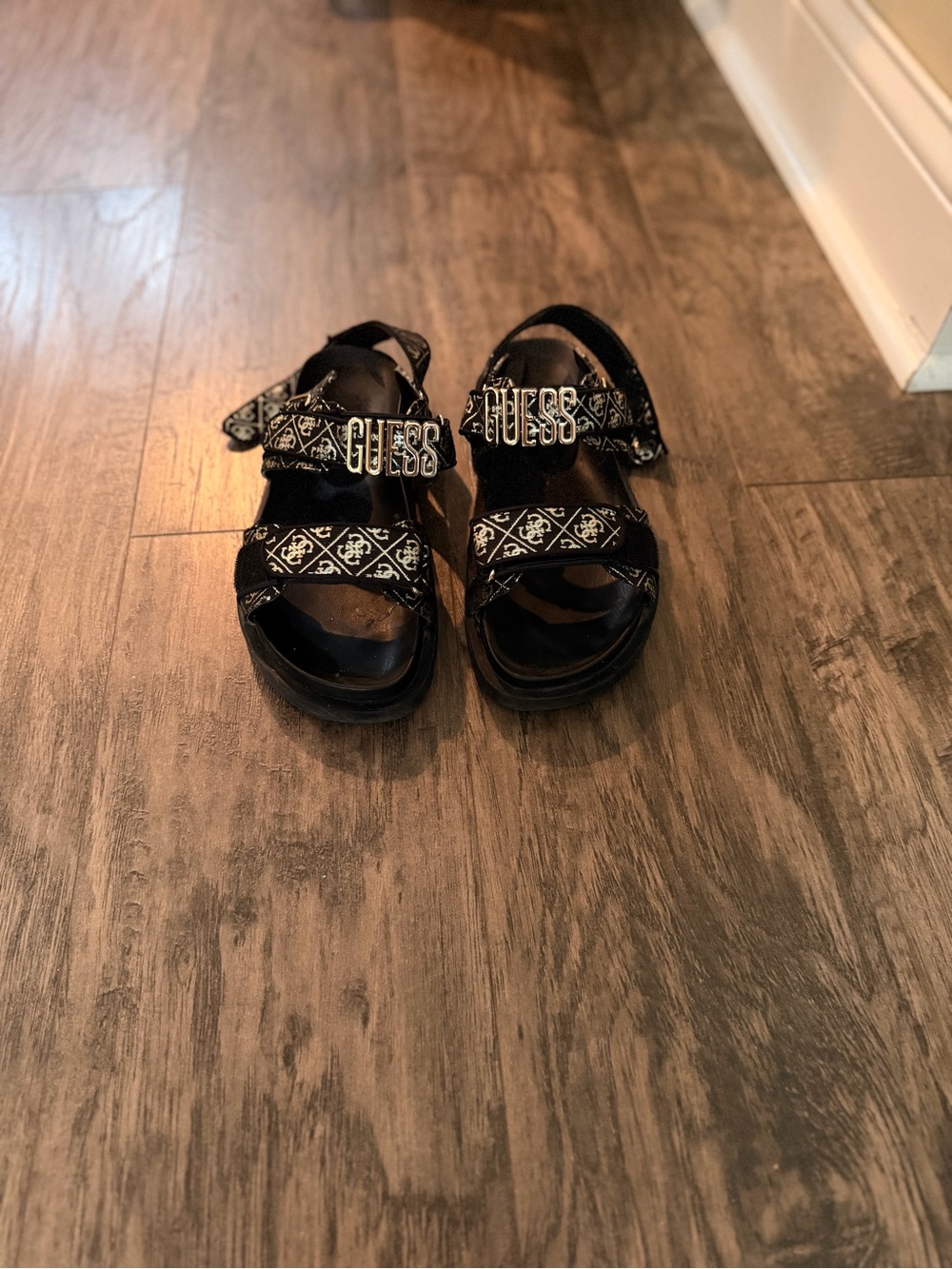 Guess Black Girls Logo Strap Sandals with Silver Hardware